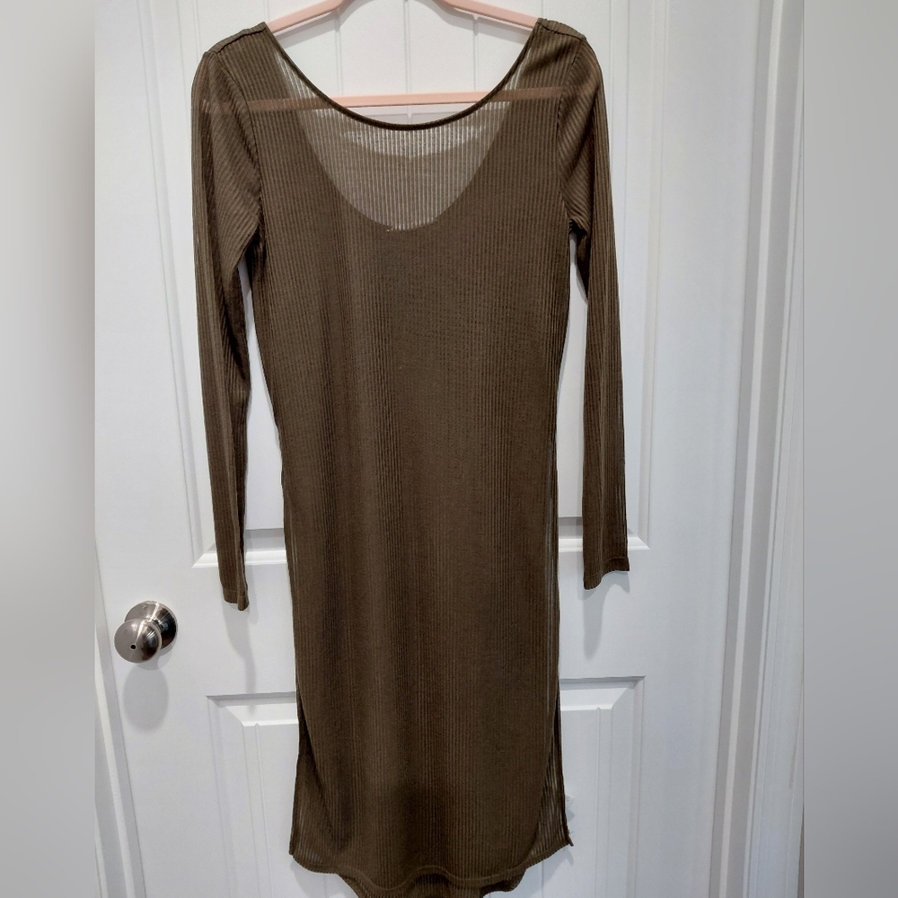🌞🌞NWT Decree Olive-Brown Ribbed Long-Sleeve Swim Coverup Dress #0670